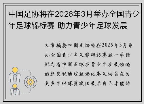 中国足协将在2026年3月举办全国青少年足球锦标赛 助力青少年足球发展